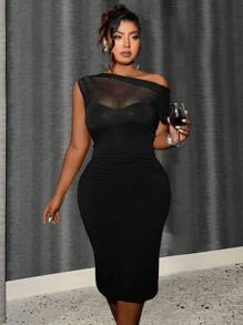 SHEIN LUNE Plus Size Asymmetrical Neck Cold Shoulder Short Sleeve Contrast Mesh Elegant Chic Fashion Dress - Black - View 4