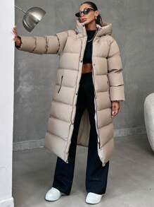 EURMUSE Zip Up Hooded Long Puffer Coat - Beige - View 6