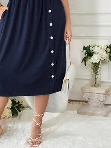 SHEIN CURVE+ Plus Size Hidden Pocket Bow Side A-Line Dress - Navy Blue - View 5