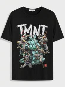 TEENAGE MUTANT NINJA TURTLES | SHEIN 男士休闲卡通字母印花短袖 T 恤，夏季，Emo，2000 年代风格 - 黑色 - 查看 1