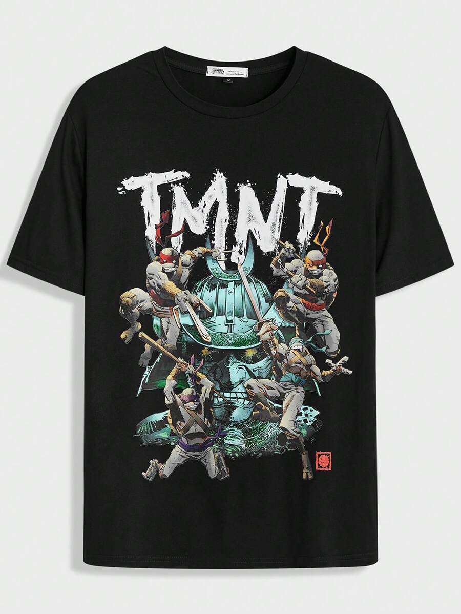 TEENAGE MUTANT NINJA TURTLES | SHEIN 男士休闲卡通字母印花短袖 T 恤，夏季，Emo，2000 年代风格 - 黑色 - 查看 1