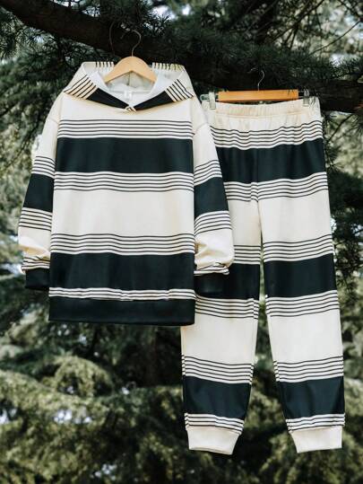 SHEIN 2 件套青少年男童休闲宽松保暖连帽衫和运动裤套装，游戏玩家印花，保暖内衬，适合秋冬季、学校、户外、运动