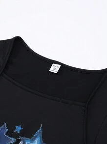 SHEIN Teen Girls' Casual Street Fashion Star Print Pleated Denim Effect Dress - Black - View 7