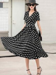 Vestido de mujer con cuello en V, manga corta, estampado de lunares y cintura anudada - Multicolor - Ver 7