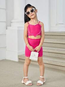 SHEIN Leap Crew 2pcs Young Girl Plain Knit Beaded Camisole Top And Mini Skirt Set - Hot Pink - View 5