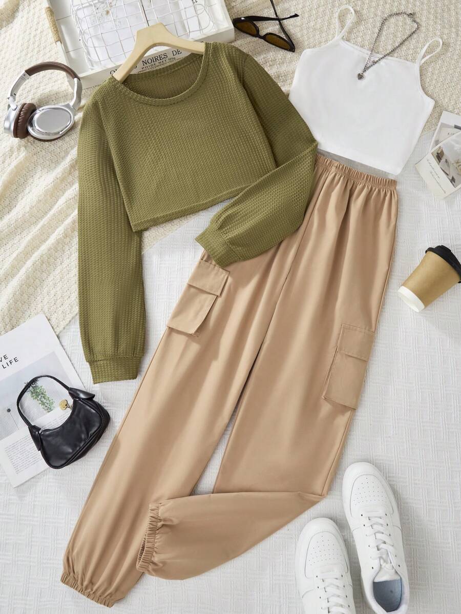 Teen Girl 3pcs Casual Fashion College Style Vacation Streetwear Crew Neck Crop Top, Camisole And Cargo Pants Set, Autumn Clothes