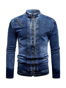 Manfinity LEGND Chaqueta vaquera azul desteñida de hombre, estilo techwear liso, corte ajustado, chaqueta de motociclista oscura, para salir, chaqueta vaquera de hombre