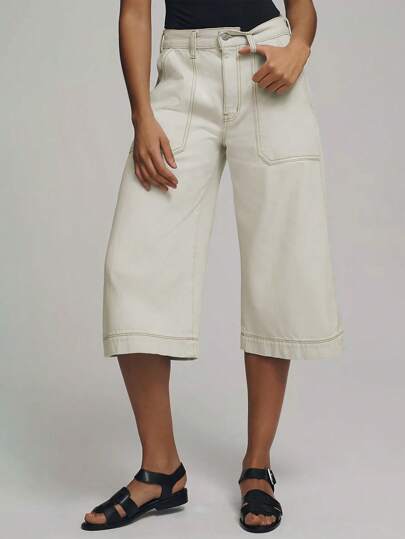 American Casual Beige And White Fifth Jeans Women Bottoms Spring & Summer Loose Denim Wide Leg Straight Leg Shorts