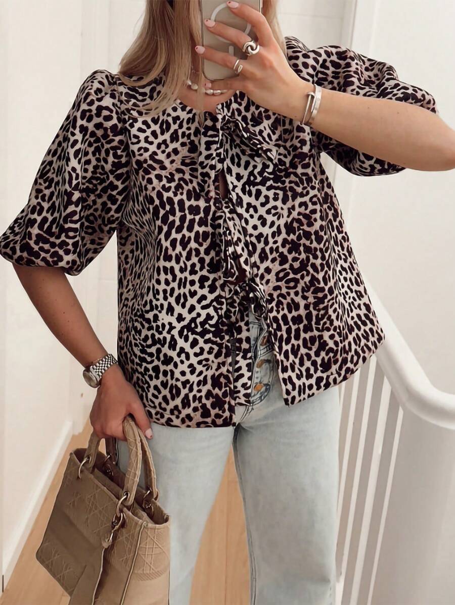 INAWLY 女式夏季豹纹前系带宽松泡泡袖衬衫