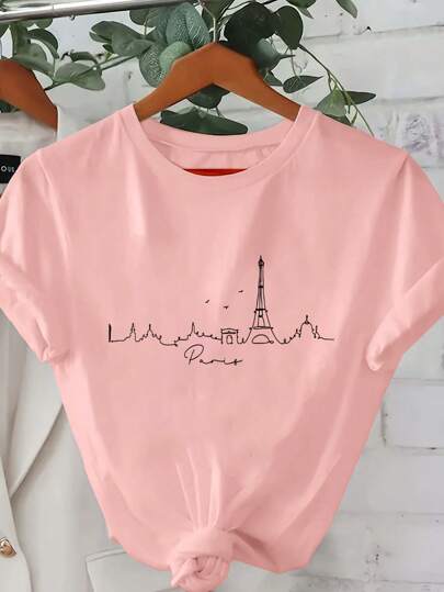 INAWLY Camiseta de mujer de cuello redondo y manga corta con estampado del paisaje de París en silueta, Gráfico informal de arte lineal de estilo parisino para blusas de mujer