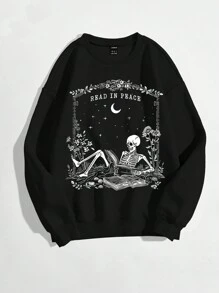 SHEIN LUNE Women's Oversized Drop Shoulder Quiet Reading Skull Graphic Sweatshirt - Black - View 6
