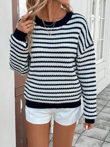 SHEIN LUNE 女士黑白条纹休闲针织毛衣，街头风格 - 黑與白 - 查看 4