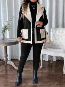 SHEIN LUNE Plus Size Dames Colorblock Zakken Opstaande Kraag Mouwloos Los Jack, Winter