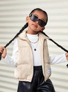 SHEIN Gilet matelassé sans manches à col montant en couleur unie tricoté, avec appliqué de lettre, pour jeune fille - Kaki - Voir 6