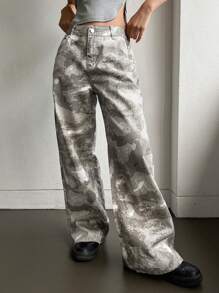 DAZY Pantalones vaqueros rectos y holgados de mujer con estampado de camuflaje, de uso casual y a juego, con bolsillos - Verde - Ver 8