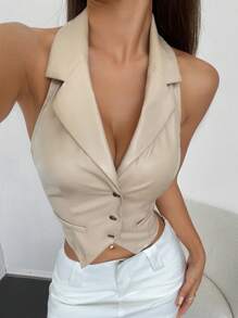 Flirla 女式无袖翻领 PU 皮革背心夹克 - 杏色 - 查看 6
