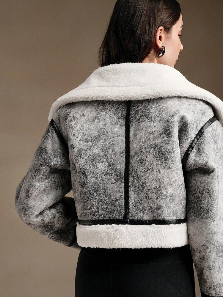 Fashion Contrast Color Lapel Dual Pocket Cropped Women Jacket