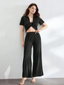 Ocili Leisure Comfortable & Smooth  Loose Fit Short Sleeve Pants Pajama Set - Black - View 6