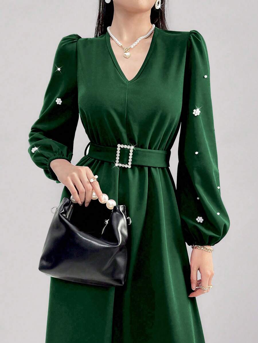 Modelyn Váy thường ngày viền ngọc trai giả dài tay cổ chữ V dành cho nữ - màu xanh lá - Xem 1