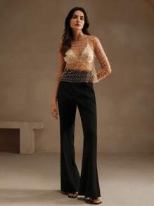 Anewsta 女士透视性感优雅仿珍珠薄纱长袖上衣，夏季沙滩装 - 卡其色 - 查看 6