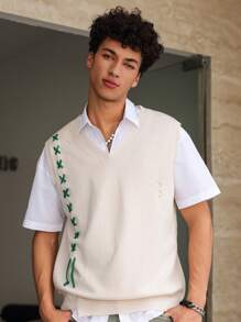 Manfinity Roghcode Manfinity Hypemode 男士系带侧毛衣背心，适合夏季返校季 - 杏色 - 查看 1