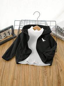 Baby Boy Black Casual Cartoon Dinosaur Print Hooded Long Sleeve Jacket, Versatile For Daily Wear, Outdoor Activities, Home Use