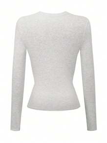 INAWLY Women Plain Minimalist Casual Long Sleeve T-Shirt Fall Cloth For Women - Light Grey - View 2