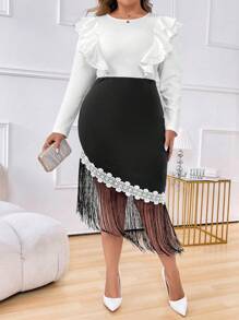 SHEIN Unity 大码春秋优雅拼色荷叶边下摆流苏下摆中长连衣裙 - 黑與白 - 查看 4