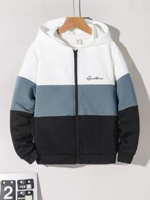 Tween Boys' Casual & Comfortable Contrast Panel Letter Printed Hoodie Jacket,In Fall/Winter - Dusty Blue - View 1