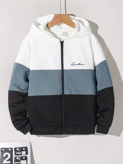 Chaqueta con capucha informal y cómoda para niños preadolescentes con panel de contraste y estampado de letras
