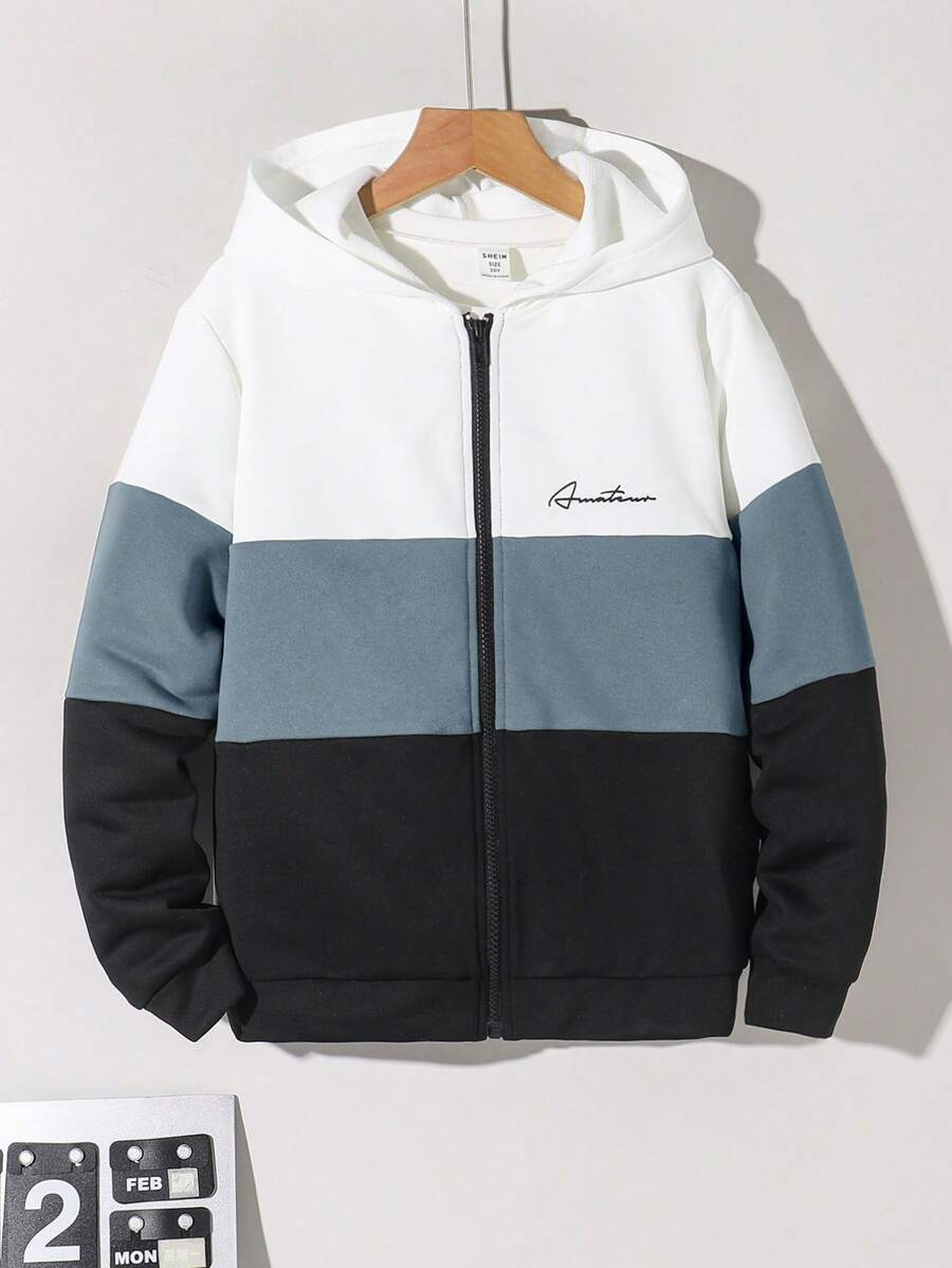 Tween Boys' Casual & Comfortable Contrast Panel Letter Printed Hoodie Jacket,In Fall/Winter - Dusty Blue - View 1