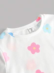 SHEIN Girlism Tween 女童休闲简约圆领花卉印花盖袖 T 恤