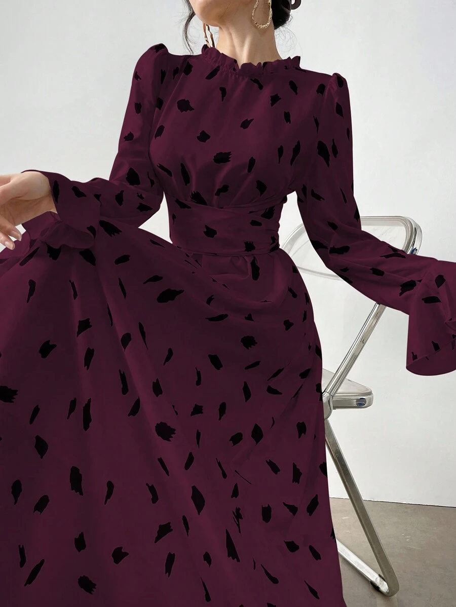Modelyn Ruffle Crew Neck Long Flare Sleeve All-Over Print Waist Cinched Elegant Arabian Modest Dress - Red Violet - View 1
