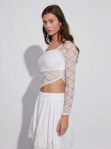 SHEIN EZwear Spring/Summer Sexy Fashion White Lace Floral Asymmetrical Hem Slim Fit Long Sleeve Top With Square Neckline - White - View 5