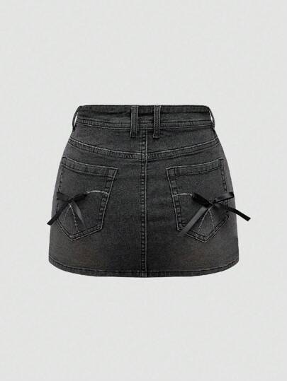 Kawaii Sweet Bowknot Decor Slim Fit Stretchy Black Mini Denim Skirt For Women, School