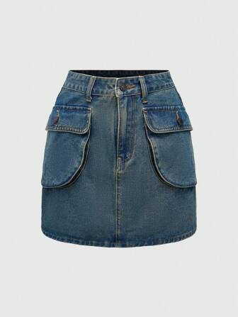 Fairycore Minigonna di jeans a vita aderente con dettagli tasca cargo in stile vintage