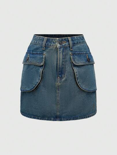 Fairycore Minifalda de tela vaquera con detalles de bolsillos cargo, estilo vintage