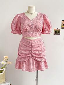 Soleia Plus Size Summer Casual Polka Dot Printed Puff Sleeve Shirt And Ruched Skirt Two-Piece Set - Dusty Pink - View 1