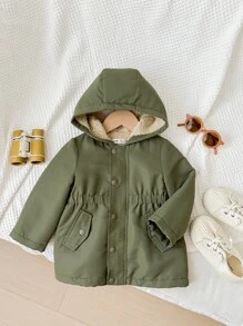 SHEIN 男女通用婴儿保暖内衬连帽实用夹克，带口袋，休闲长外套，适合日常穿着 - 軍綠色 - 查看 5