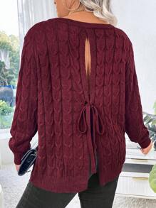 Calvaya Plus Size Women's Solid Color Simple Everyday Pullover Sweater With Back Ribbon Tie