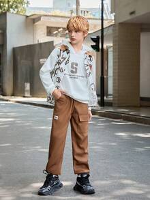 SHEIN Tween Boy Spring/Autumn Casual Letter Print Vest With Slogan Hoodie And Long Pants Set - Brown - View 6