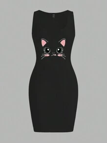 Slaydiva 女士休闲可爱猫咪图案 V 领无袖修身夏季连衣裙 - 黑色 - 查看 2