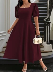 Celure Vestido casual de manga corta con cuello cuadrado liso para mujer de tallas grandes, conjunto de mujer color borgoña