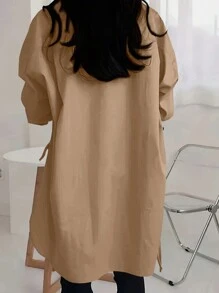 INAWLY Áo sơ mi dài tay đơn giản hàng ngày cho nữ, áo dài tay - màu nâu - Xem 2