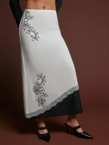 SHEINNeu Váy dài viền ren họa tiết khối màu trang nhã dành cho nữ, Váy dài xuân hè thu đông Váy trắng trang phục đi chơi - Nhiều màu - Xem 3