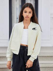 Tween Girls Loose Fit Casual Fashionable Textured Embroidered Jacket Cardigan - Apricot - View 1