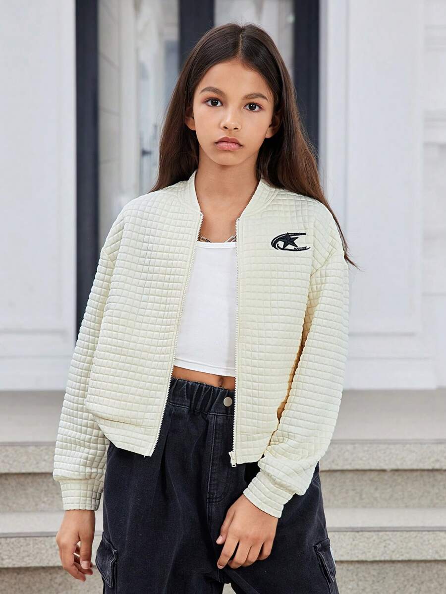 Tween Girls Loose Fit Casual Fashionable Textured Embroidered Jacket Cardigan - Apricot - View 1