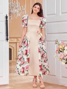 SHEIN Vestido elegante florido com mangas bufantes contrastantes para adolescente