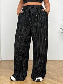 CovetEZ Plus Size Drawstring Sequin Loose Straight Leg Casual Comfy Pants - Black - View 5