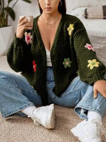 Flirla 大码女式彩色 3D 花卉图案开衫毛衣，冬季 - 綠色 - 查看 6